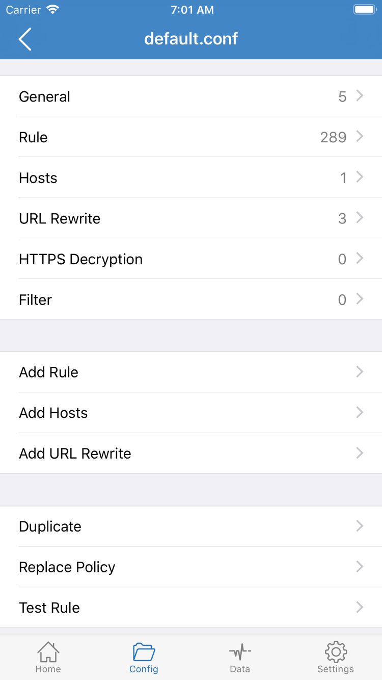 Shadowrocket official Config editor showing General, Rule, Hosts, URL Rewrite, HTTPS Decryption, and Add Rule