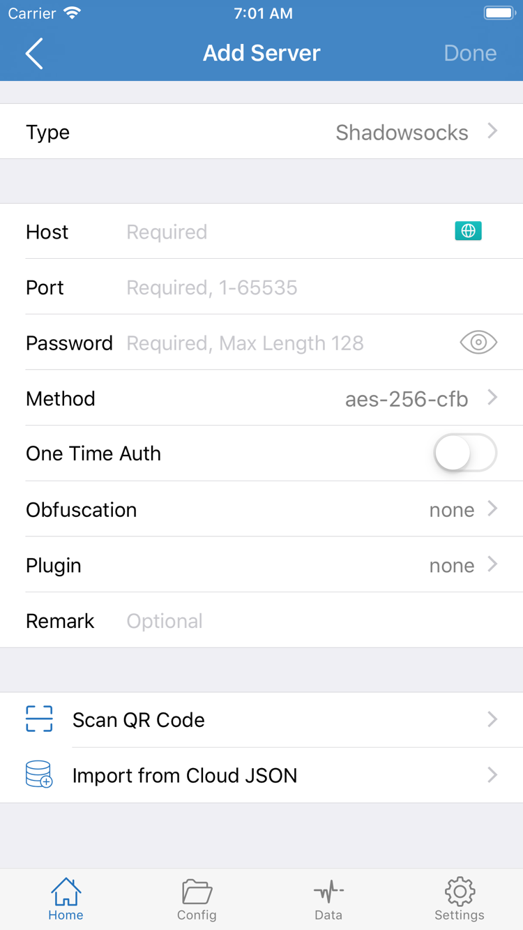 Official Shadowrocket Add Server screenshot showing Type, Host, Port, Password, Method, and QR code and import options