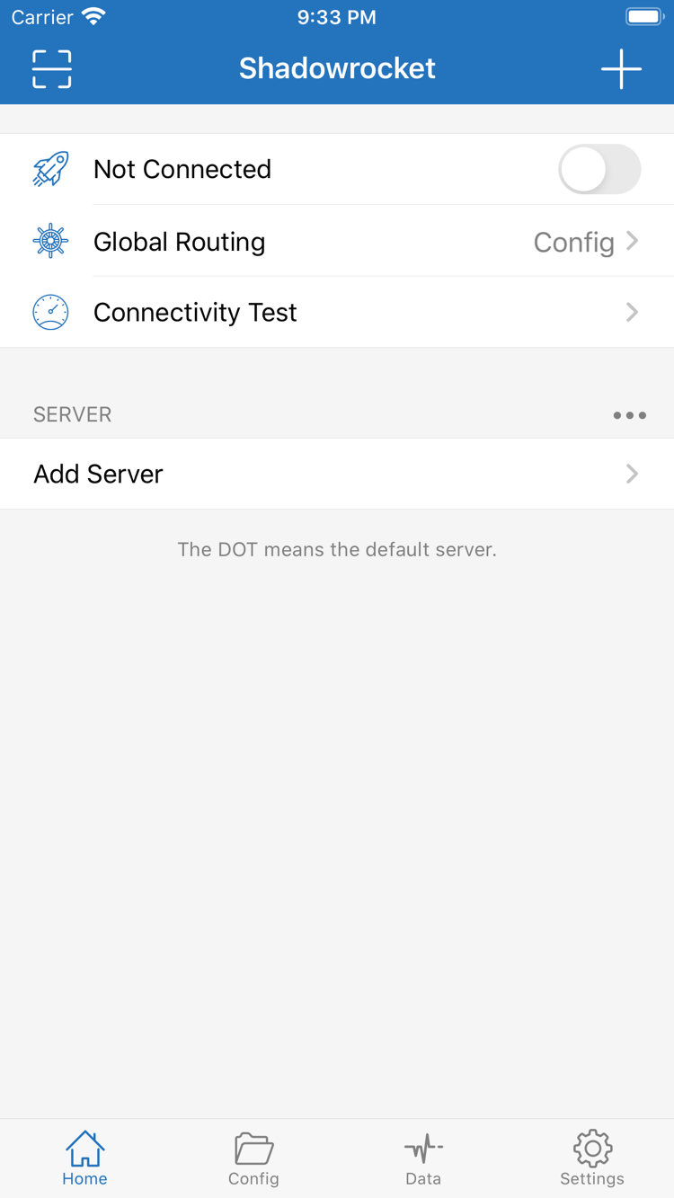 Official Shadowrocket Home screenshot showing Not Connected, Global Routing, Connectivity Test, and the SERVER group