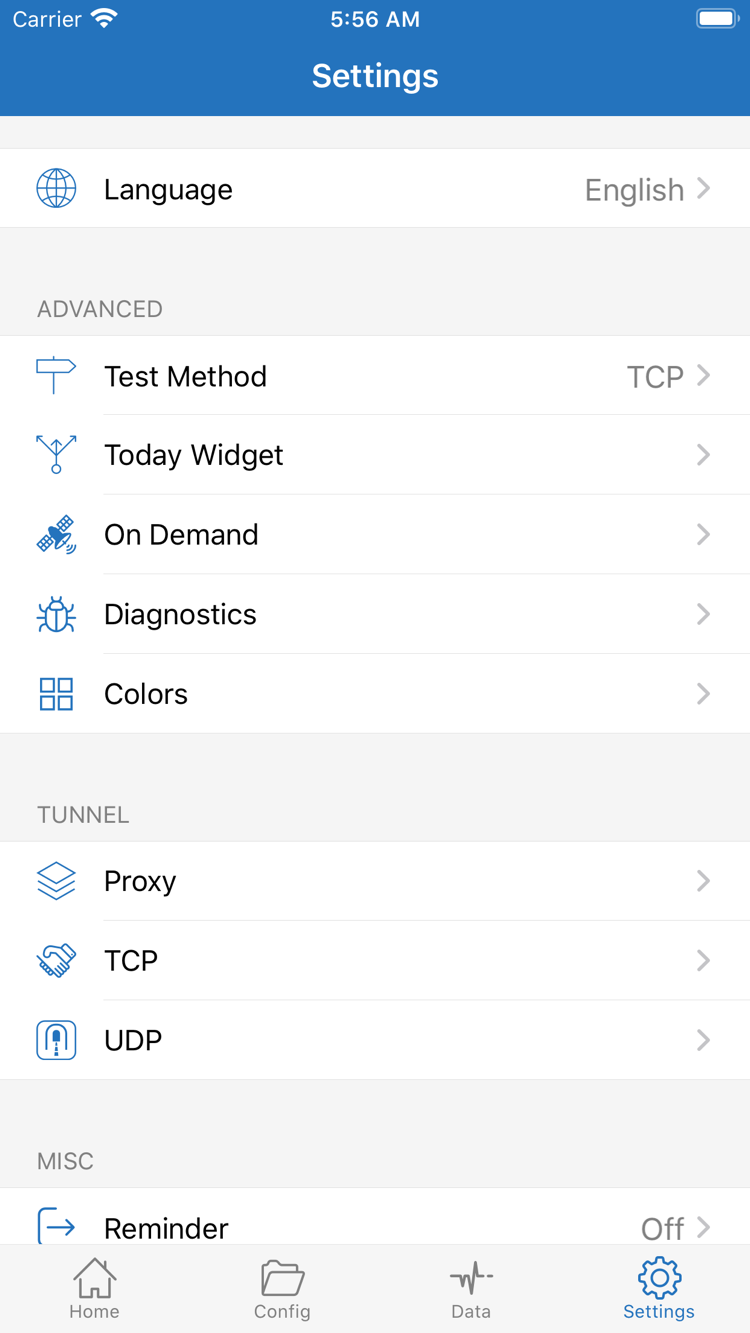 Shadowrocket official Settings screen showing Language, Test Method, Today Widget, On Demand, Diagnostics, Proxy, TCP, and UDP